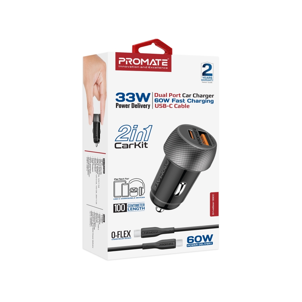  Promate  33W Dual-Port Car Charger Combo with 60W Fast USB-C Cable 