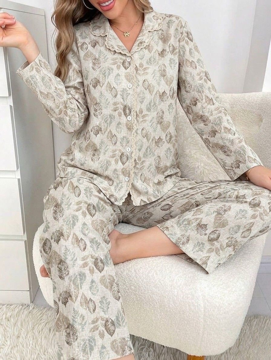  BIT 1 Women's 2-Piece Pajama Set with Soft Autumn Leaf Print - Shirt & Pants 