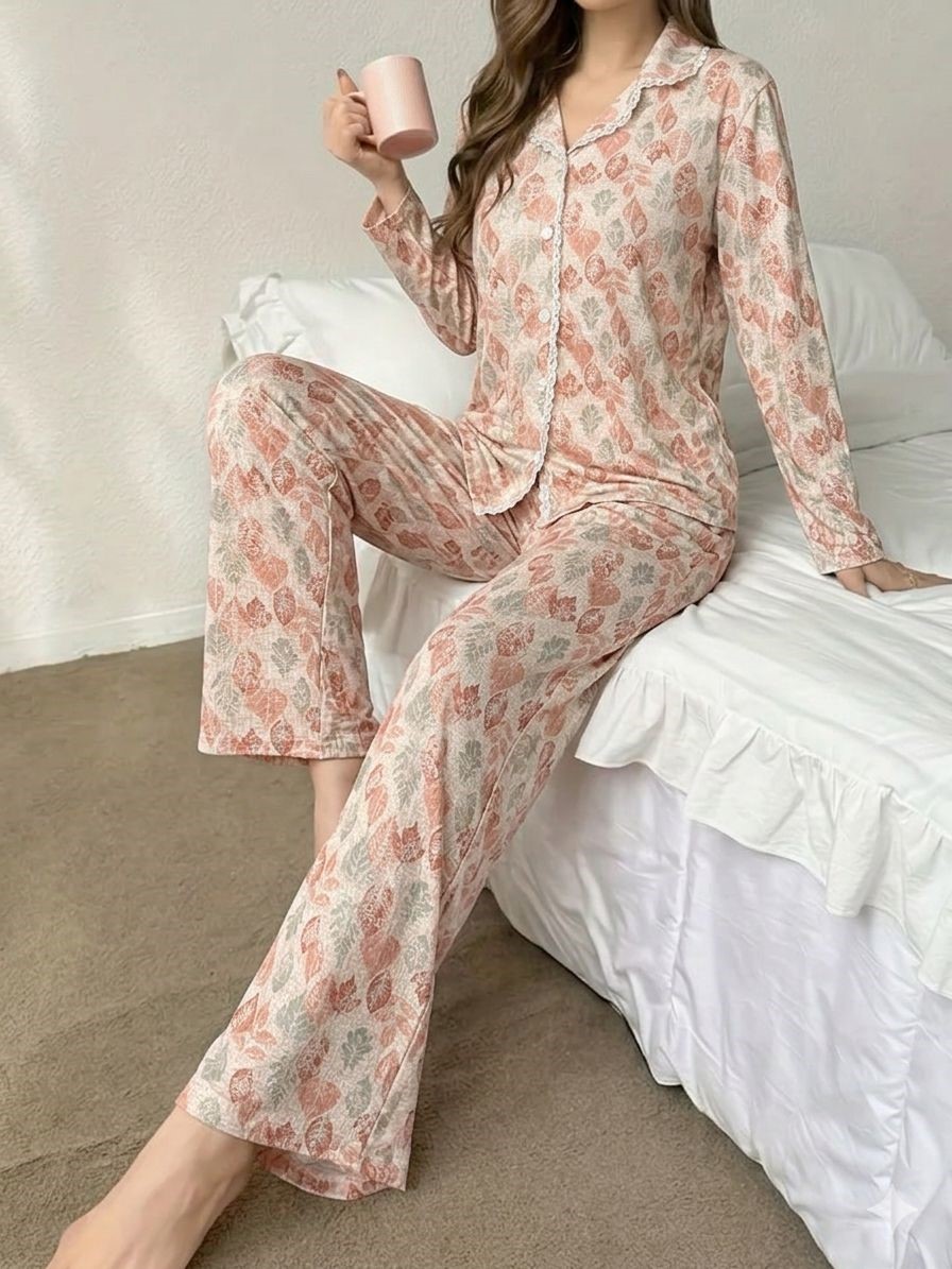 BIT 1 Women's 2-Piece Pajama Set with Soft Autumn Leaf Print - Shirt & Pants 