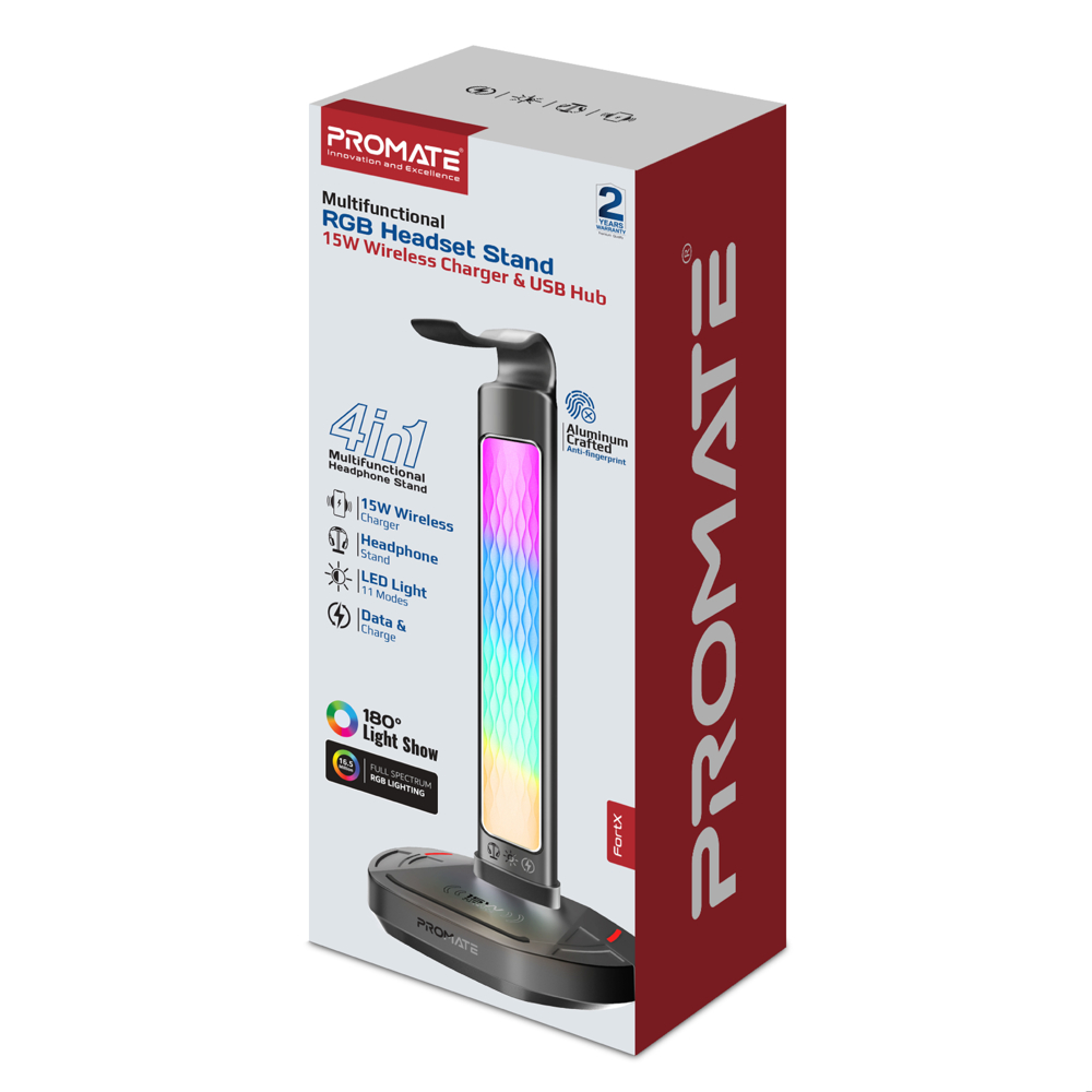 بروميت حامل سماعة رأس بإضاءة RGB وشاحن لاسلكي 15 واط وموزع USB 
