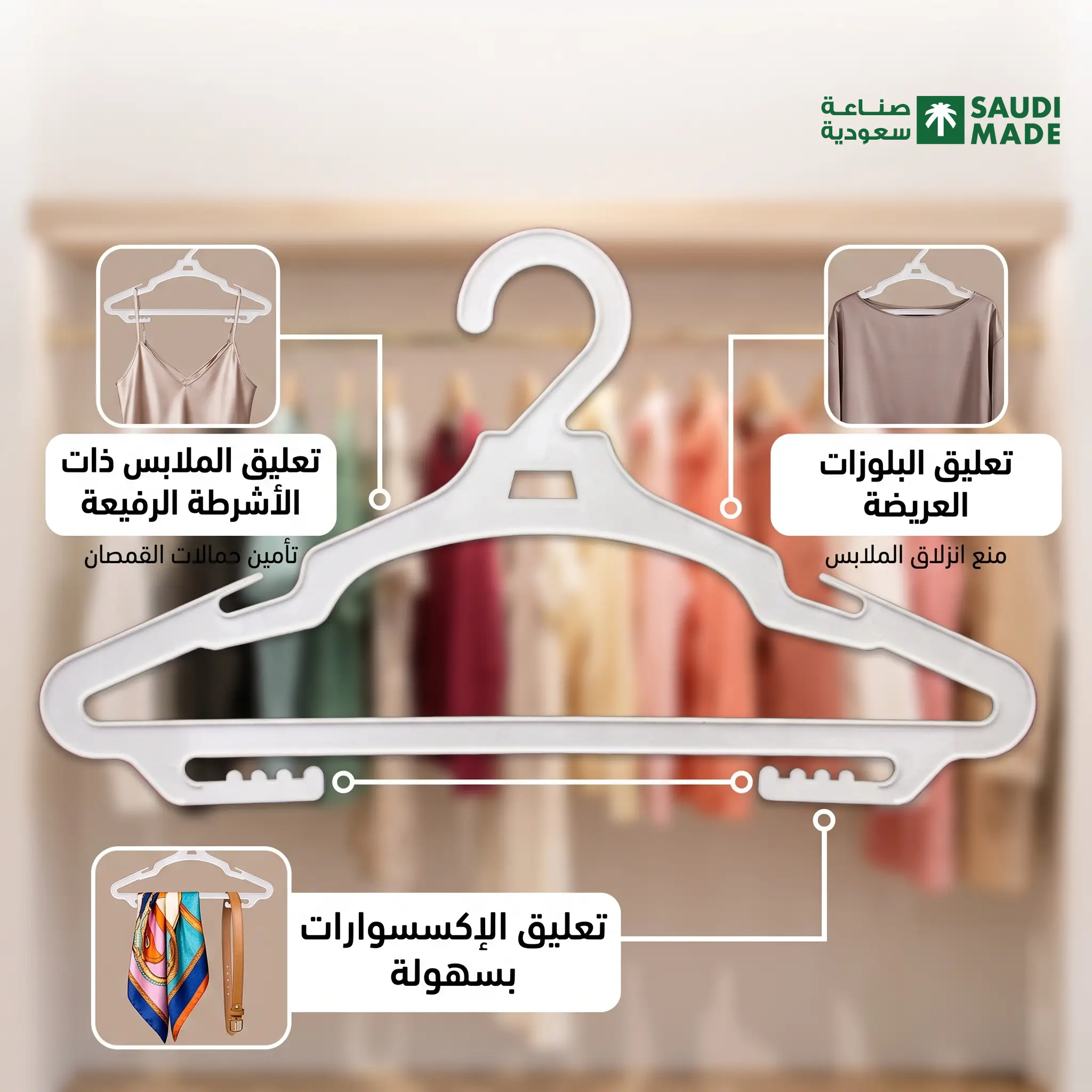 مميزات علاقات الملابس البلاستيكية من مصنع كنز الأضواء لتعليق القمصان والإكسسوارات صناعة سعودية.