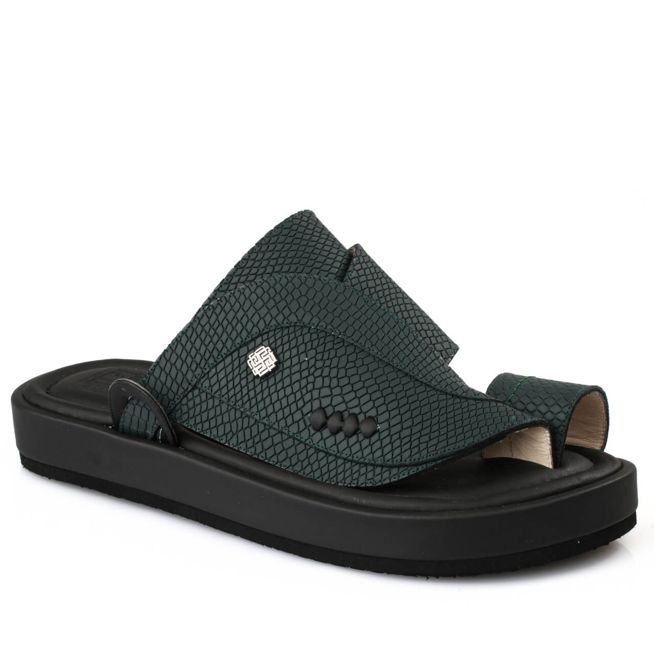 Luxury oriental in natural leather in a lizard-skin pattern slipper dark olive color
