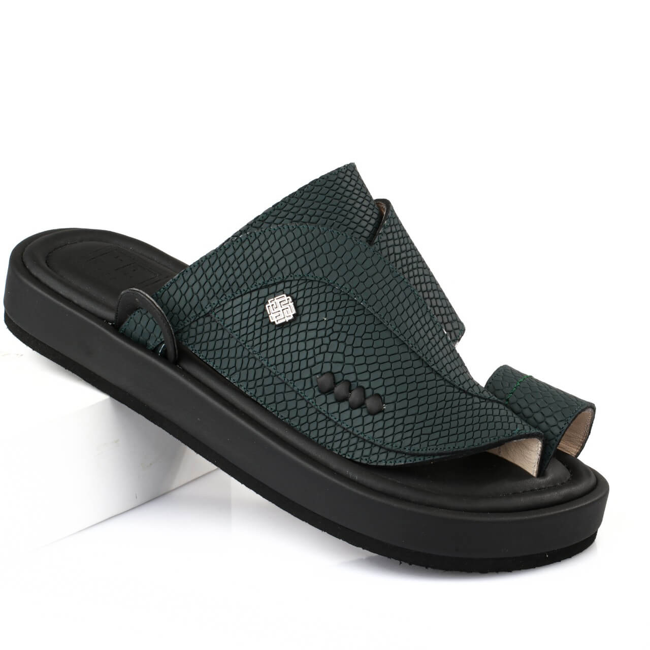 Luxury oriental shoes, 100% natural leather, dark olive color, luxury men's slippers