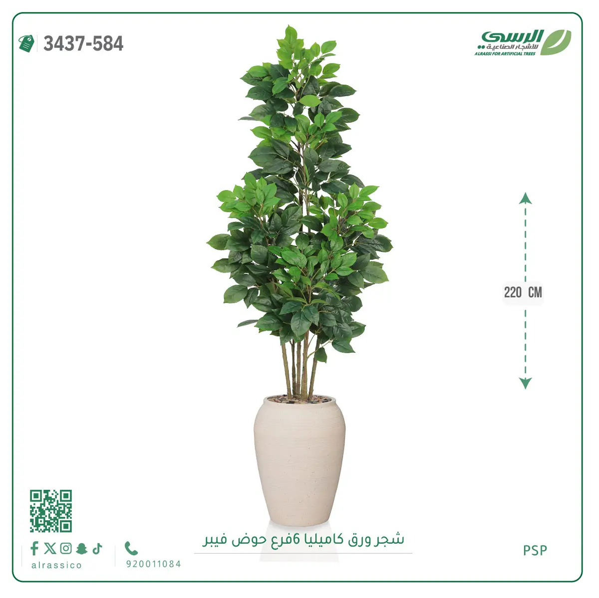  شجرة ورق كاميليا صناعية 6 فروع (ارتفاع 220 سم) حوض فيبر 