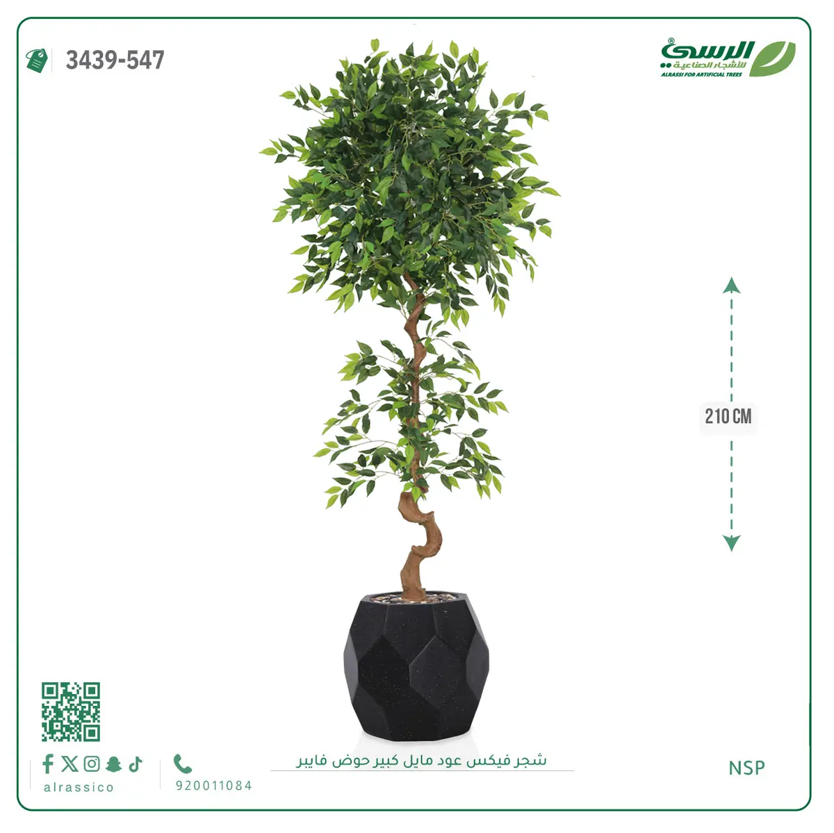  شجرة فيكس صناعية عود مائل (ارتفاع 210 سم) حوض فيبر 