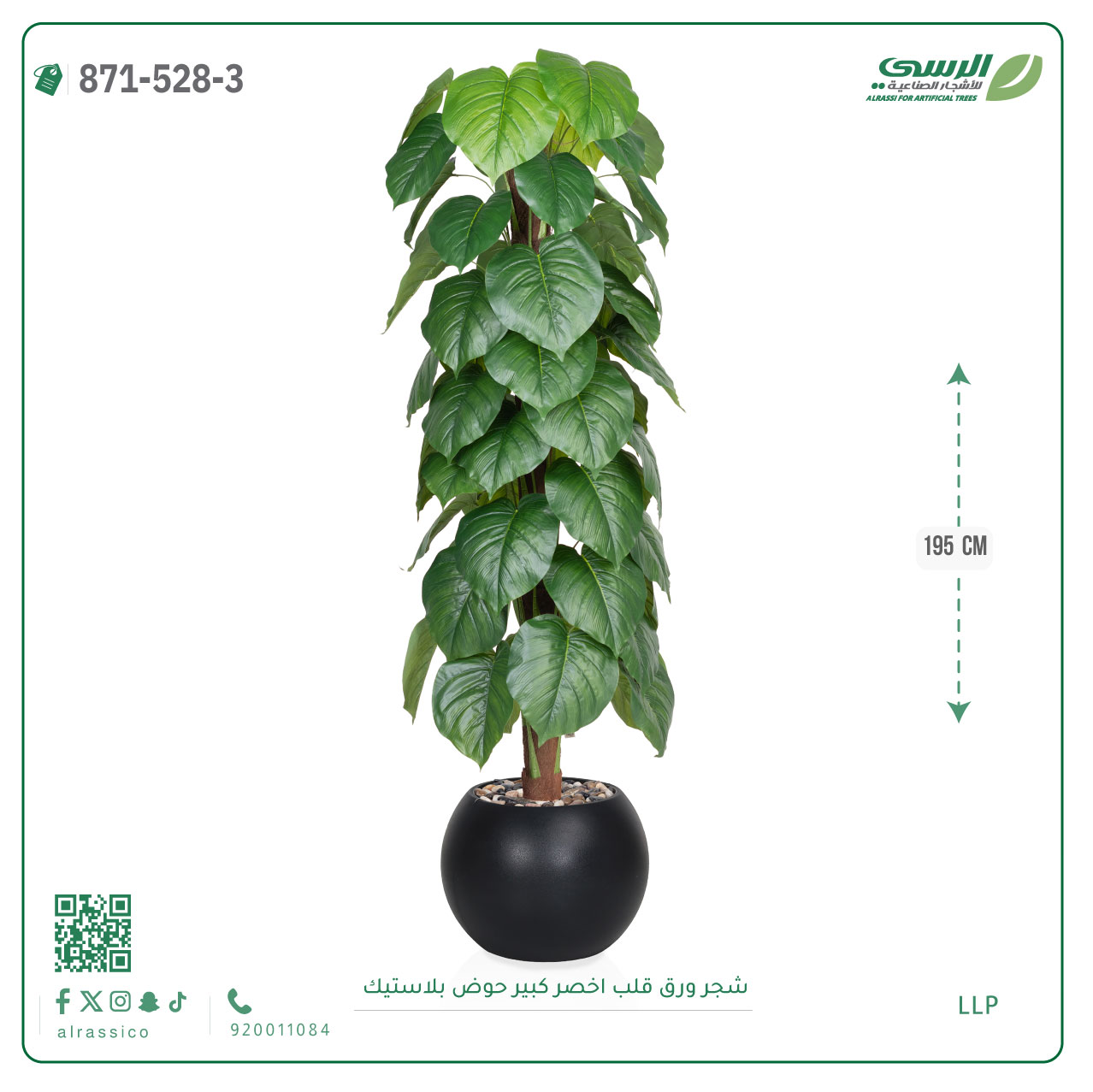 شجرة ورق قلب صناعية ( ارتفاع 195 سم ) حوض بلاستيك 