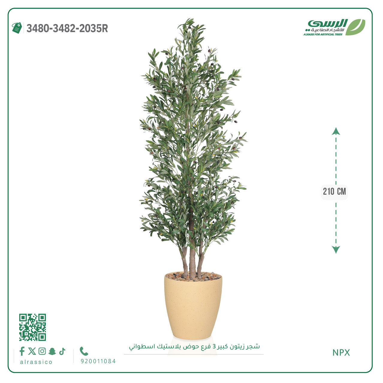  شجرة زيتون صناعية ( ارتفاع 210 سم ) حوض بلاستيك اسطواني 