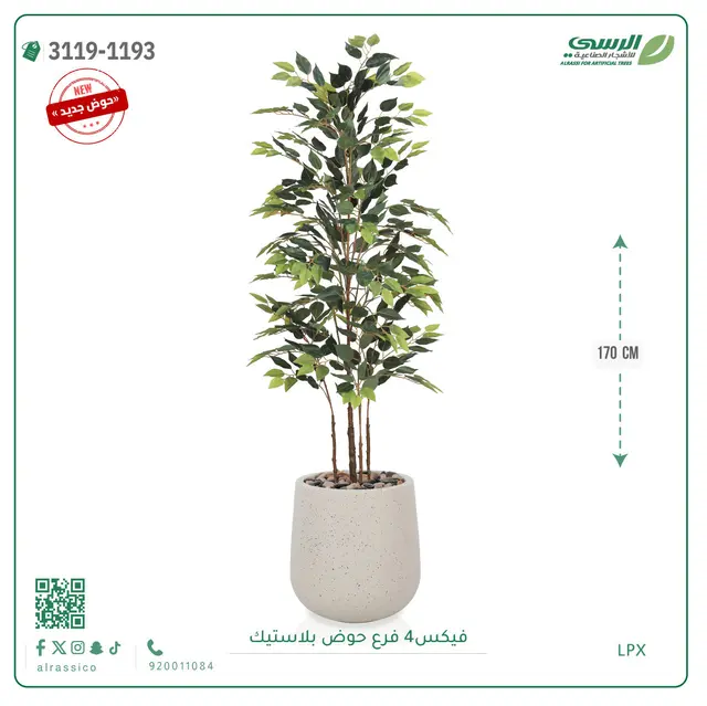  شجرة فيكس صناعية (ارتفاع 170 سم) بحوض بلاستيك 