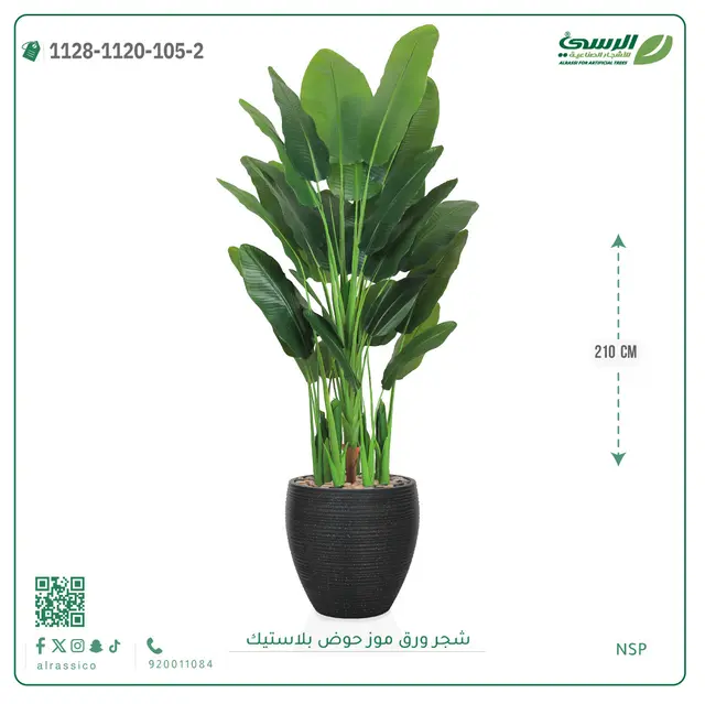  شجرة ورق موز صناعية ( ارتفاع 210 سم ) حوض بلاستيك 