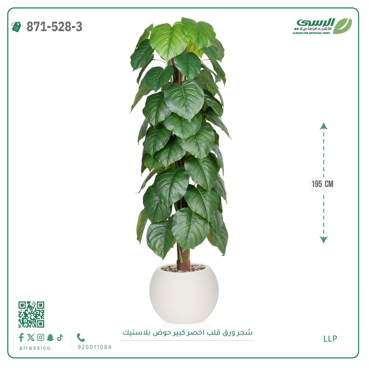  شجرة ورق قلب صناعية ( ارتفاع 195 سم ) حوض بلاستيك 