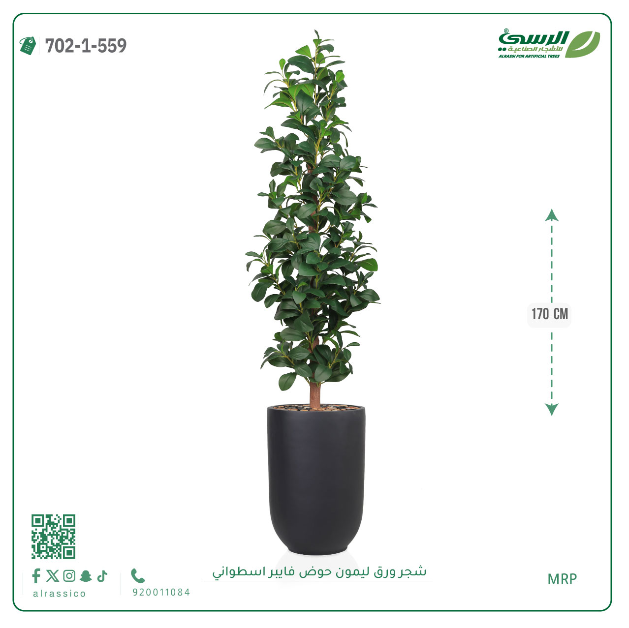 شجرة ورق ليمون صناعية (ارتفاع 170 سم) حوض فيبر أسطواني 