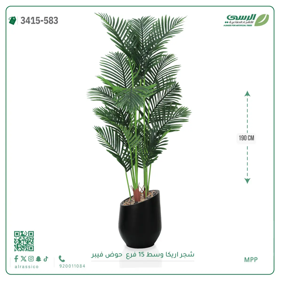  شجرة أريكا صناعية 15 فرع (ارتفاع 190 سم) حوض فيبر 