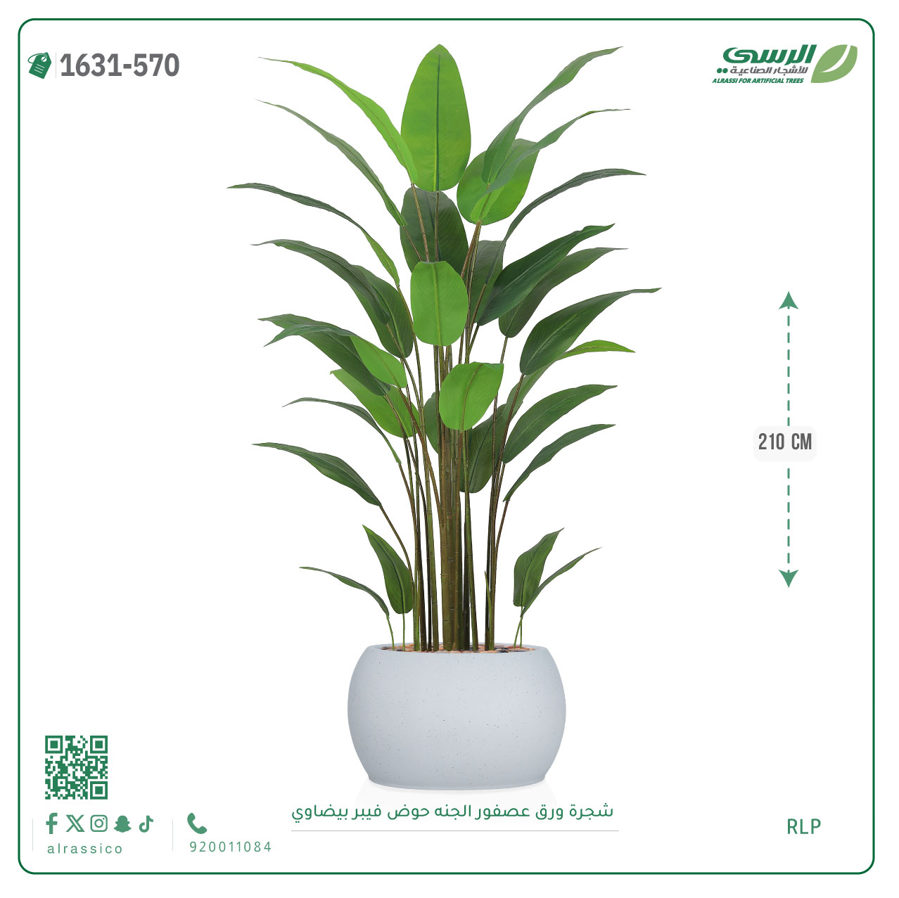  شجرة ورق عصفور الجنة صناعية ( ارتفاع 210 سم ) حوض فيبر بيضاوي 