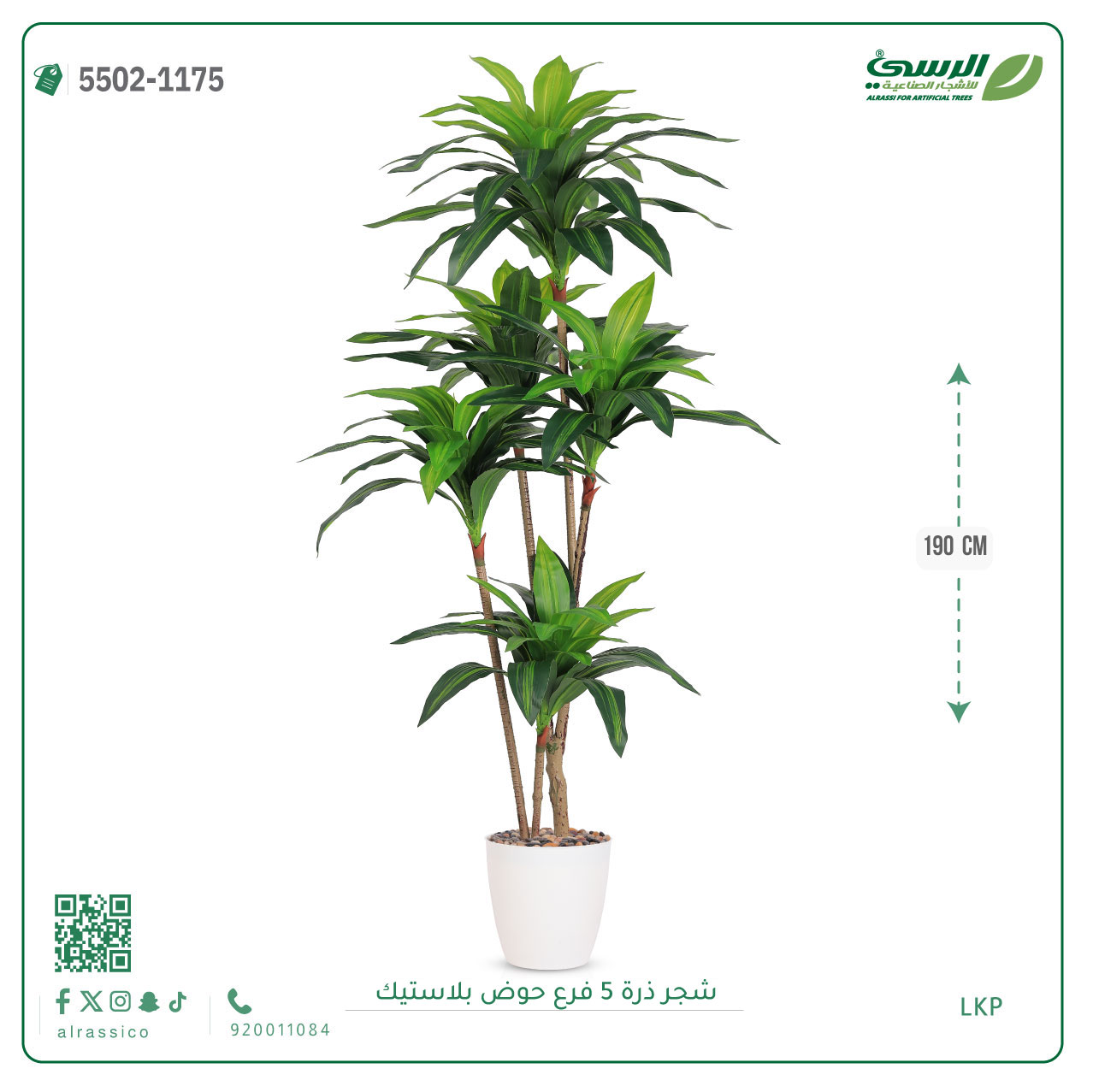  شجرة ذرة صناعية (5 فروع) ارتفاع 190 سم حوض بلاستيك 