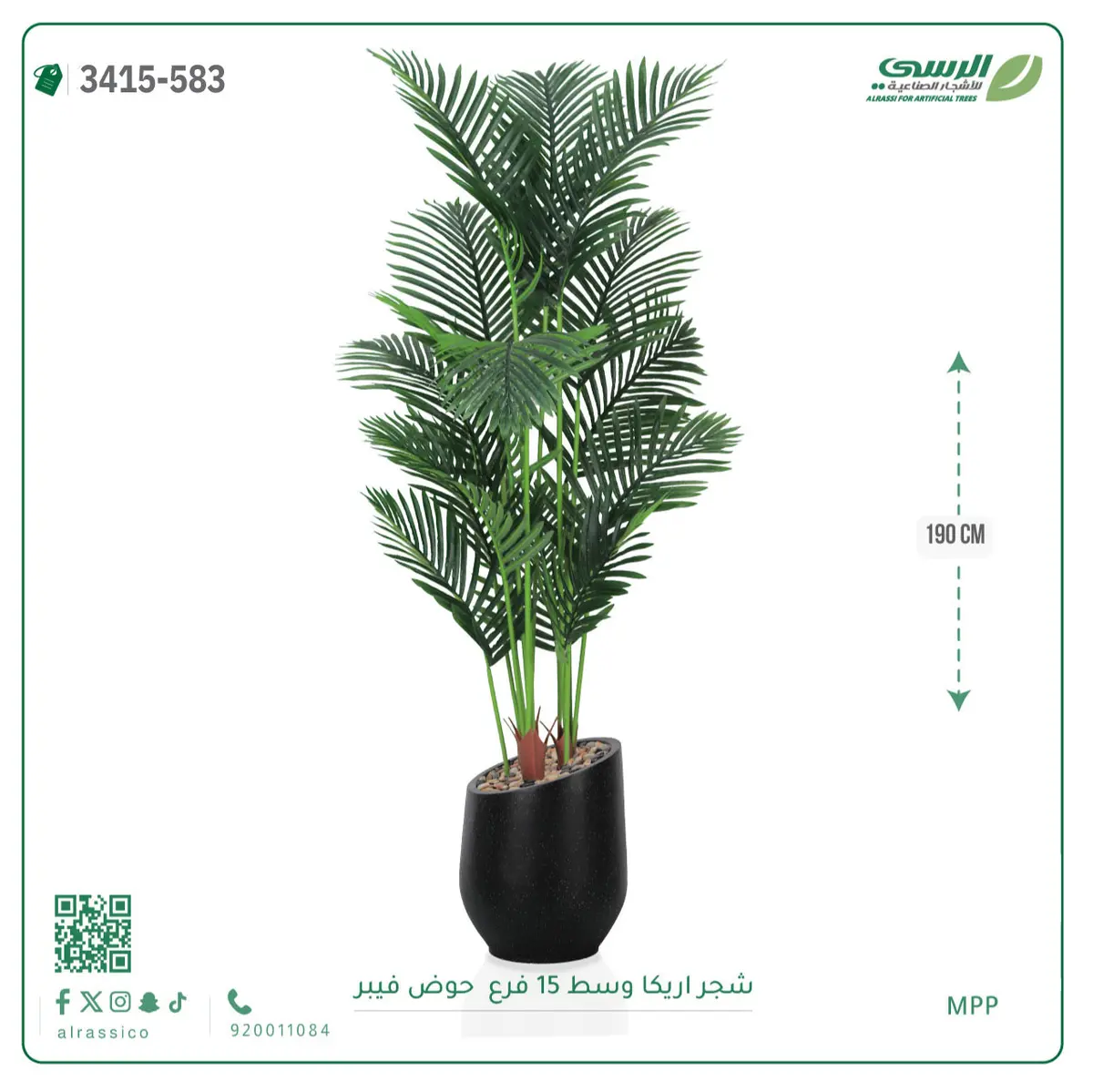  شجرة أريكا صناعية 15 فرع (ارتفاع 190 سم) حوض فيبر 