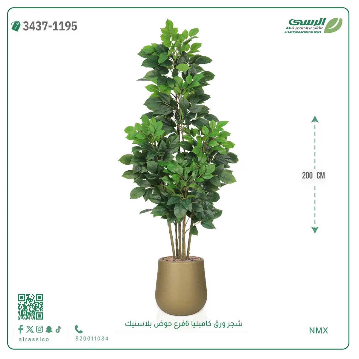  شجرة ورق كاميليا صناعية 6 فروع (ارتفاع 200 سم) حوض بلاستيك 