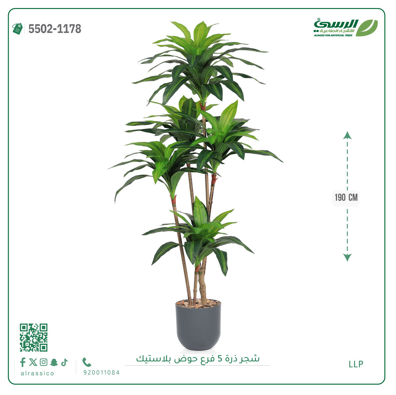  شجرة ذرة صناعية (5 فروع) ارتفاع 190 سم حوض بلاستيك 