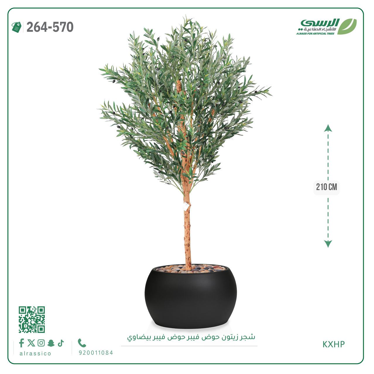  شجرة زيتون اصطناعية ( ارتفاع 210 سم ) حوض فيبر بيضاوي 