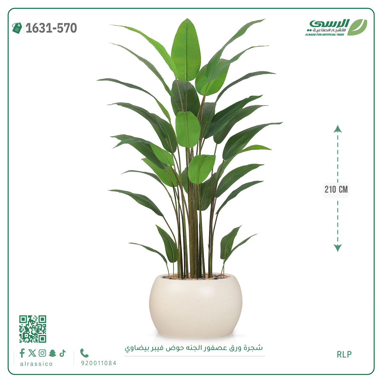  شجرة ورق عصفور الجنة صناعية ( ارتفاع 210 سم ) حوض فيبر بيضاوي 