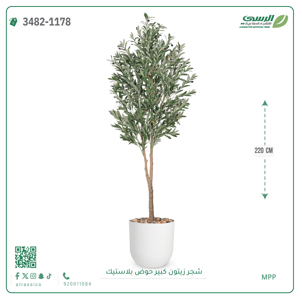  شجرة زيتون صناعية ( ارتفاع 220 سم ) حوض بلاستك 