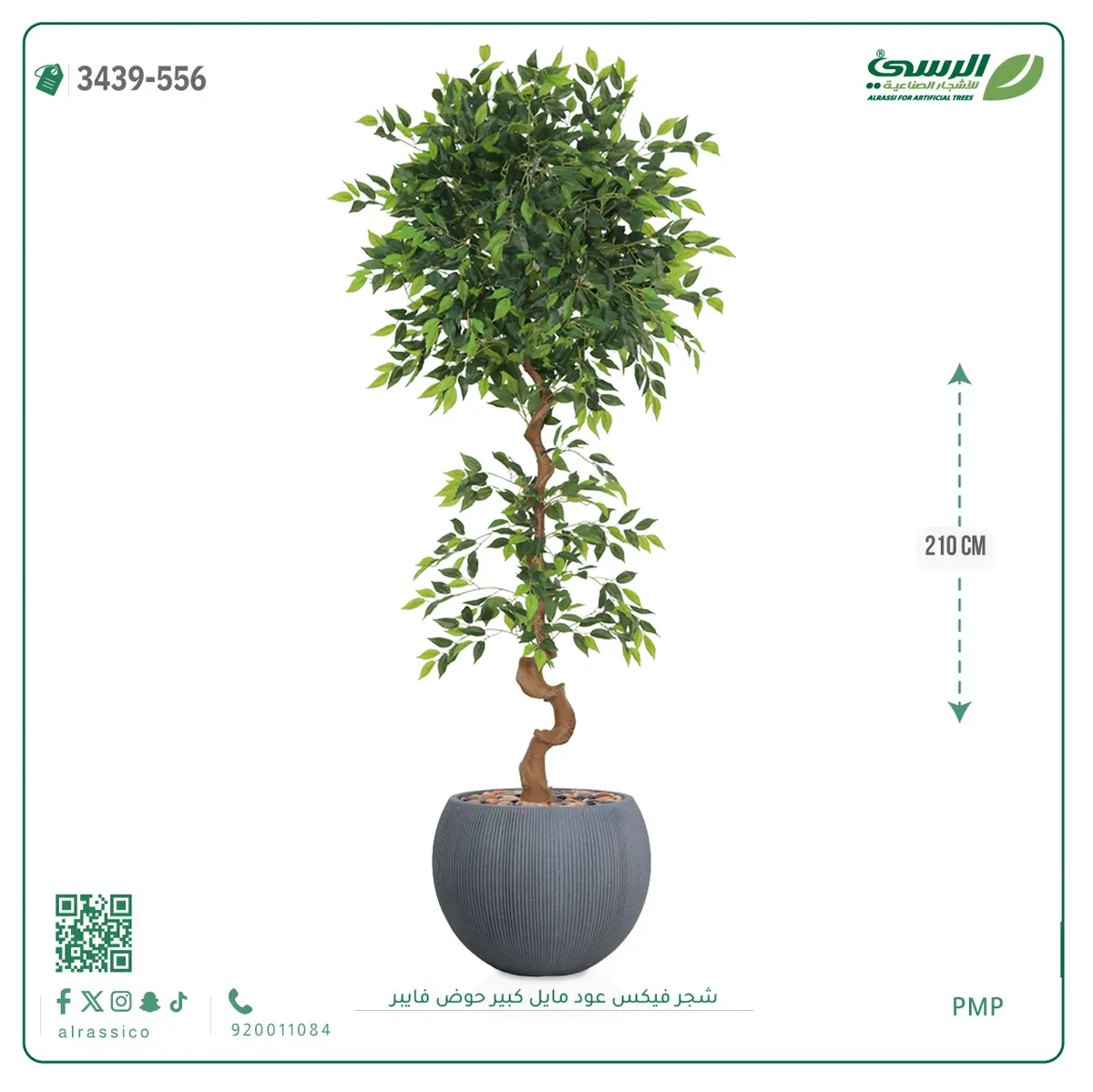  شجرة فيكس صناعية عود مائل (ارتفاع 210 سم) حوض فيبر 