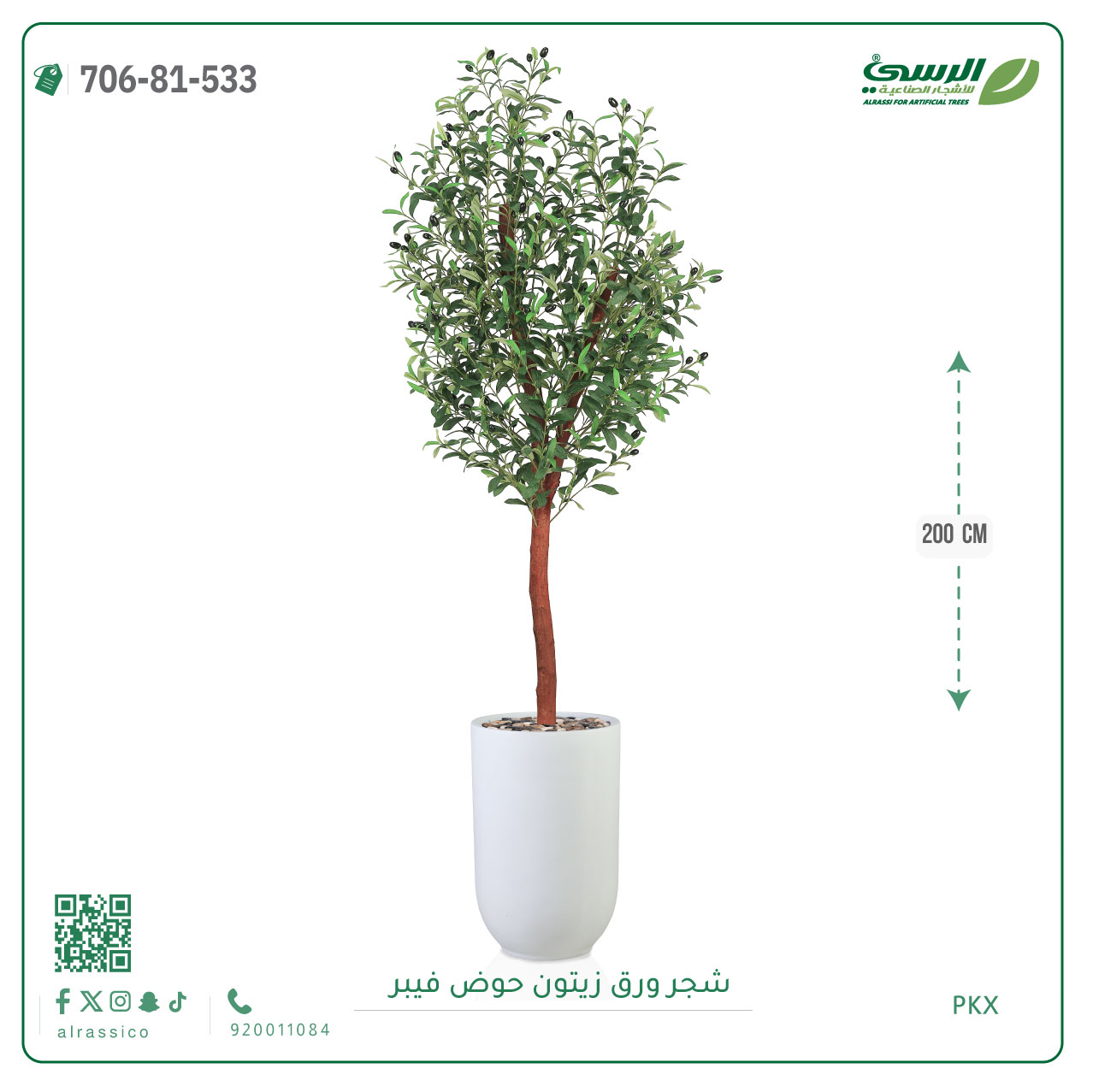  شجرة الزيتون الصناعية (ارتفاع 200 سم) حوض فيبر 