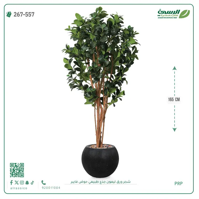  شجرة ليمون صناعية جذع طبيعي (ارتفاع 165 سم) حوض فيبر 