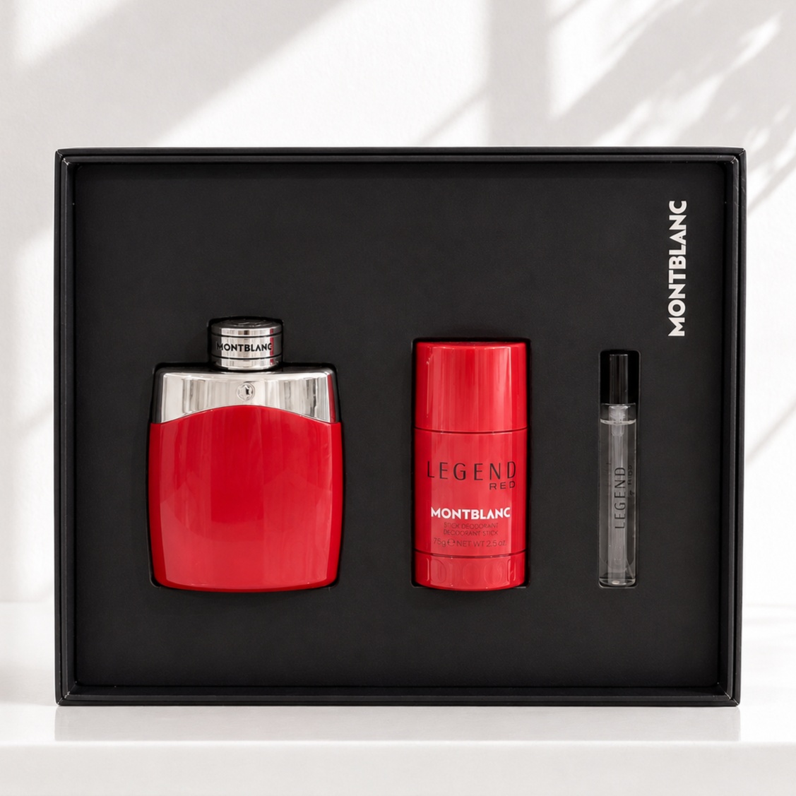  Montblanc Legend Red luxury gift set featuring Eau de Parfum, deodorant stick, and travel-size fragrance in a premium presentation box.