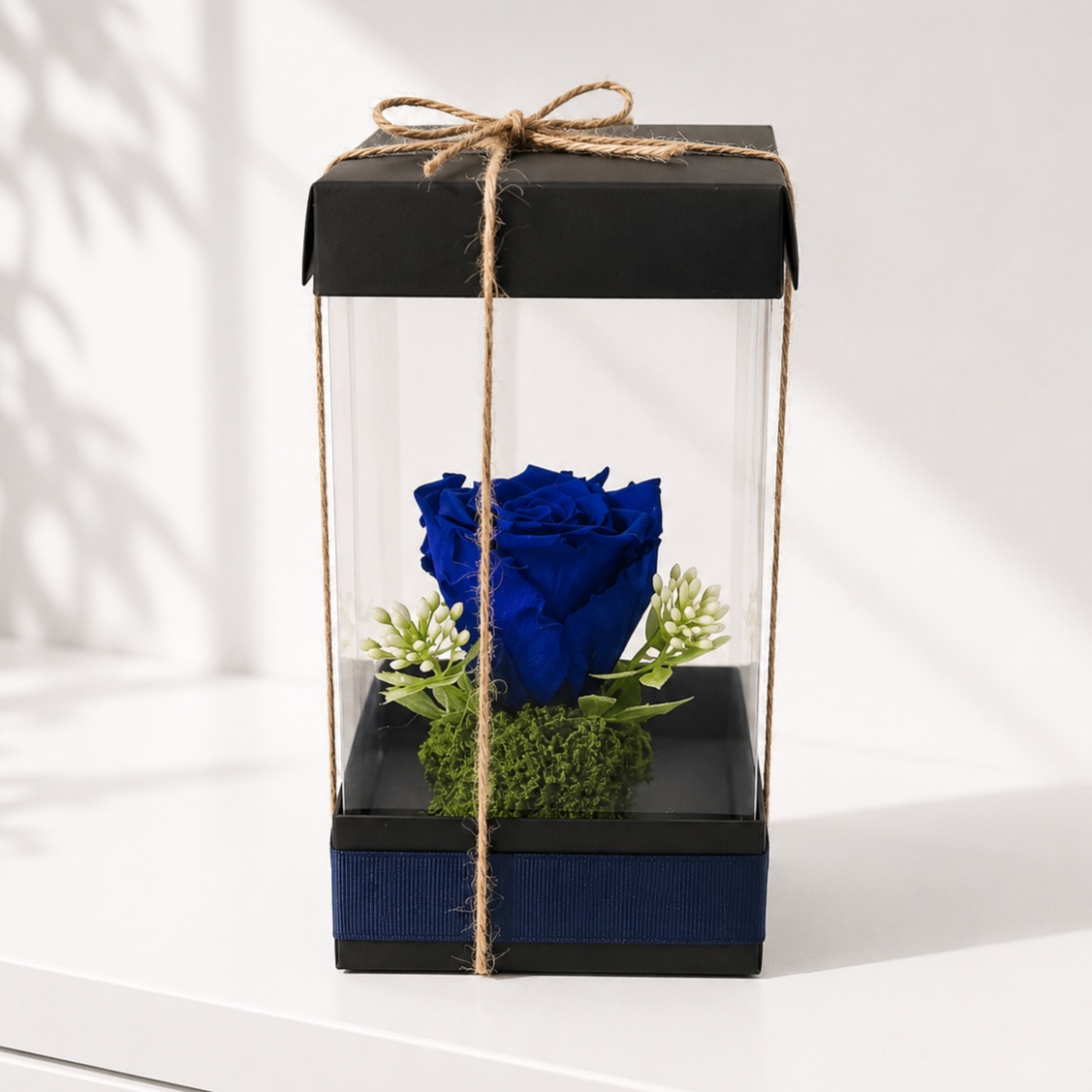 Premium preserved blue rose displayed in an elegant gift box with a clear plastic cover