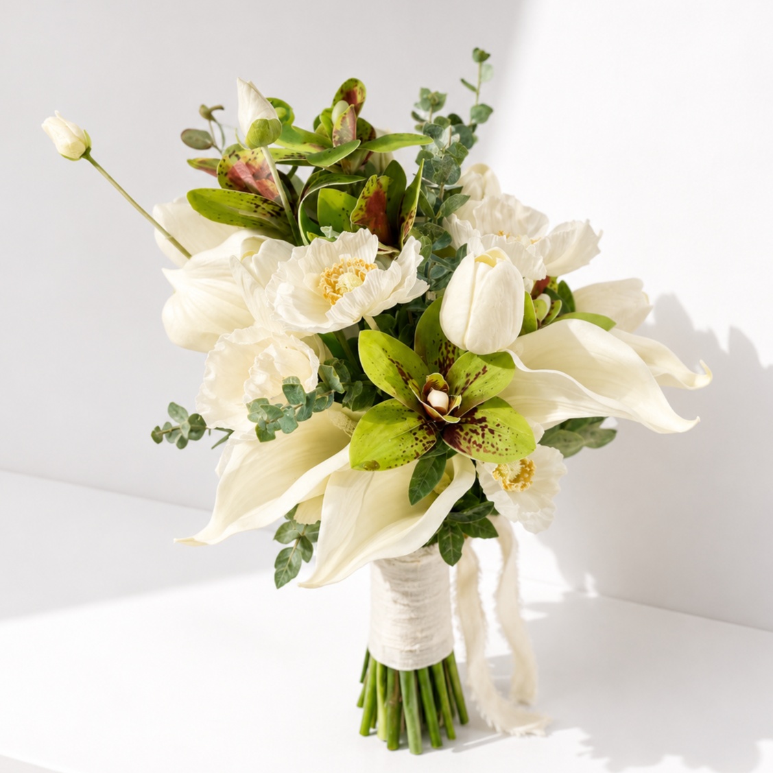  Elegant bridal bouquet featuring white calla lilies, green orchid, white blooms, and white tulips in a luxurious hand-tied arrangement.