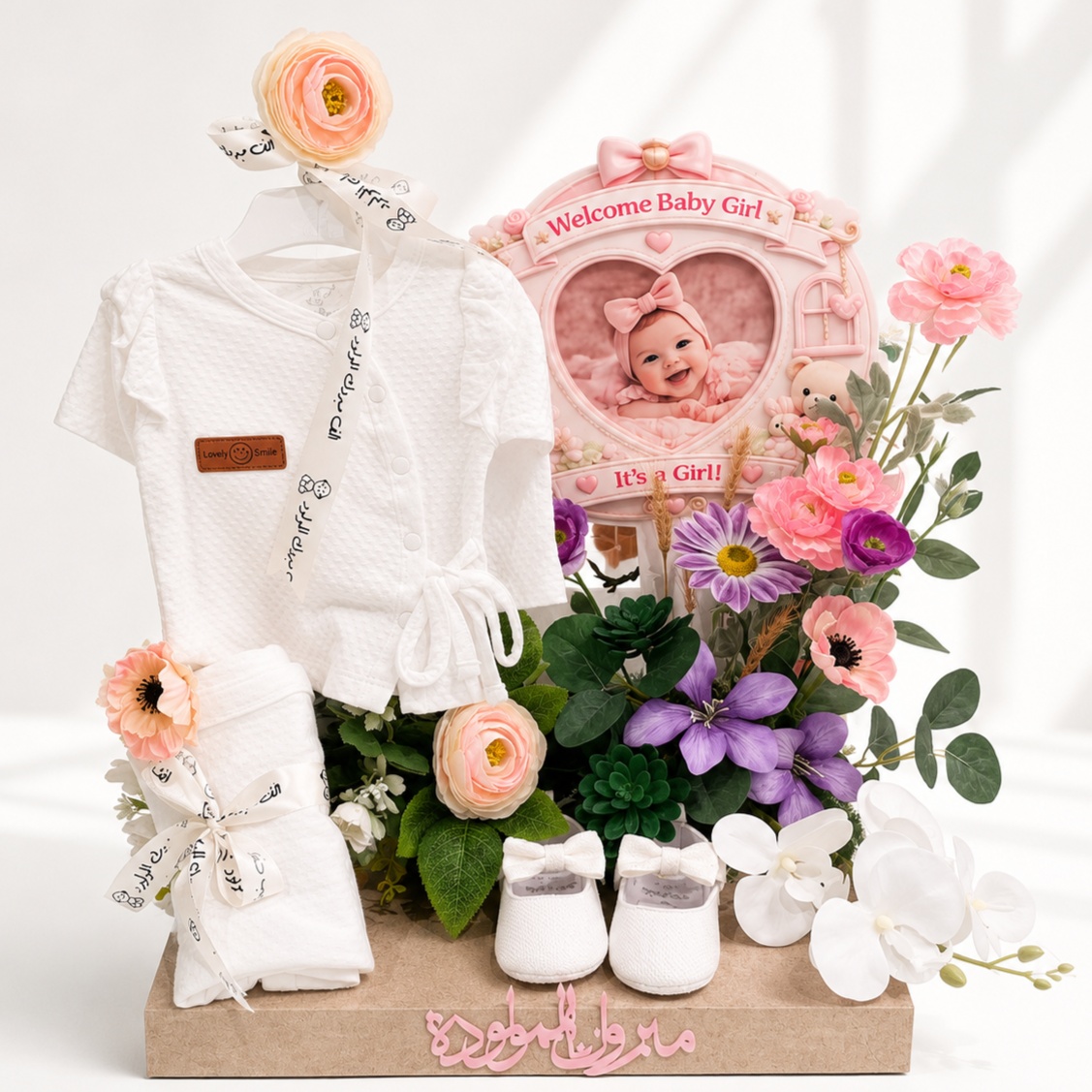 Luxury baby girl welcome gift featuring newborn clothing, floral arrangement, decorative welcome sign, and baby shoes.