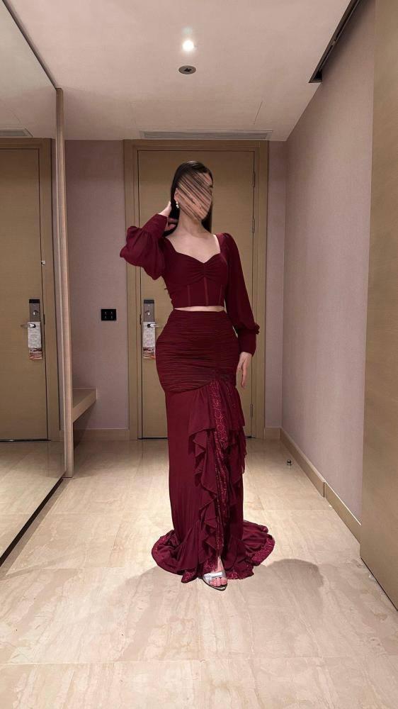 طقم تنورة وبلوزة انيقة بلون الاحمر العنابي  - XXXL/16 - تغليف 14