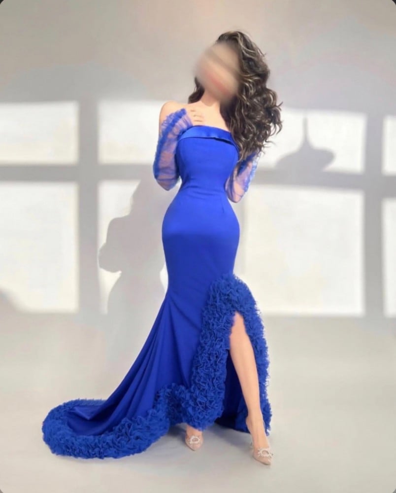فستان حفلات مناسب مكشوف الأكتاف مكرمش بالتل الاصلي - XXXL