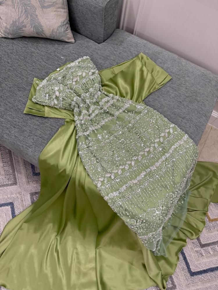فستان سهره قطعتين بتطريز فخم - اخضر مميز - 3XL