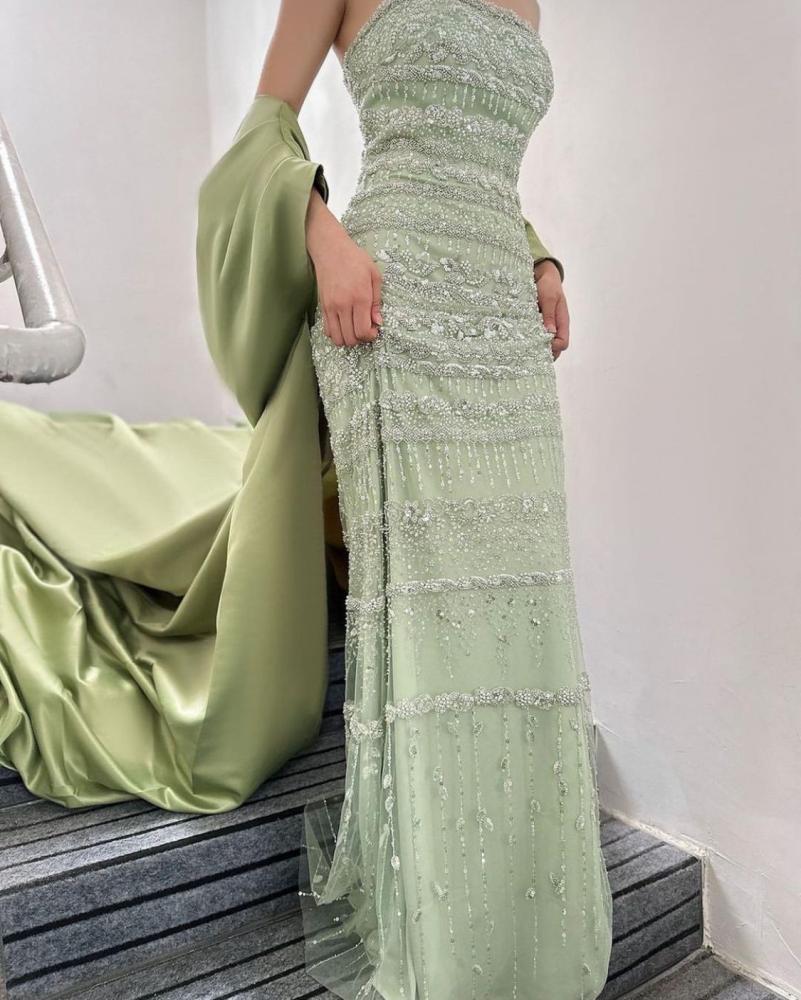 فستان سهره قطعتين بتطريز فخم - اخضر مميز - 3XL