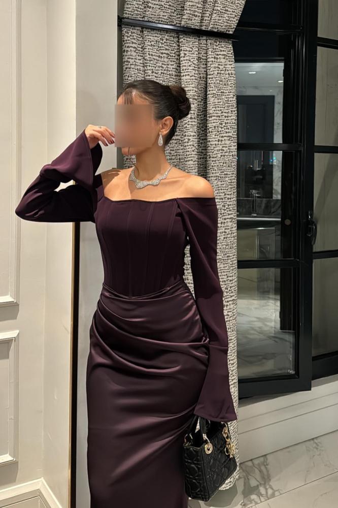فستان ناعم قصة اوف شولدر لون بني - 3XL