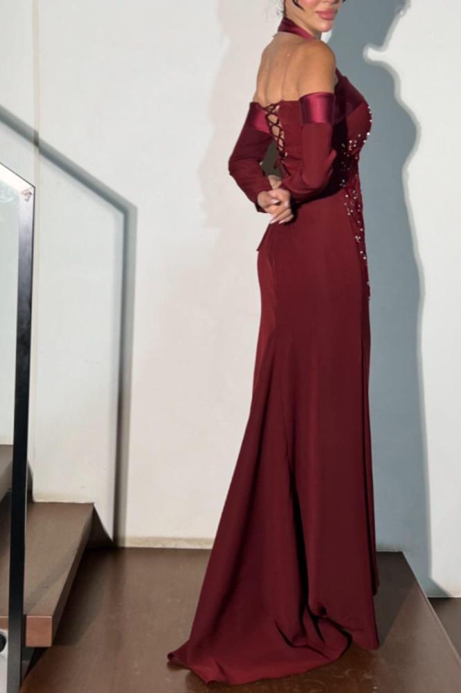 فستان سهرة أوف شولدر بأكمام طويلة لون أحمر داكن - 3XL