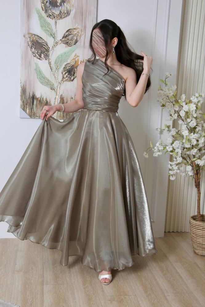 فستان سهره كلوش بكم واحد لون زيتي - 2XL