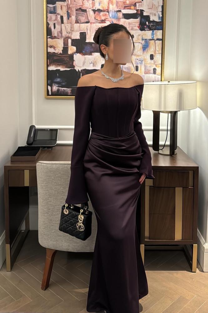 فستان ناعم قصة اوف شولدر لون بني - 3XL