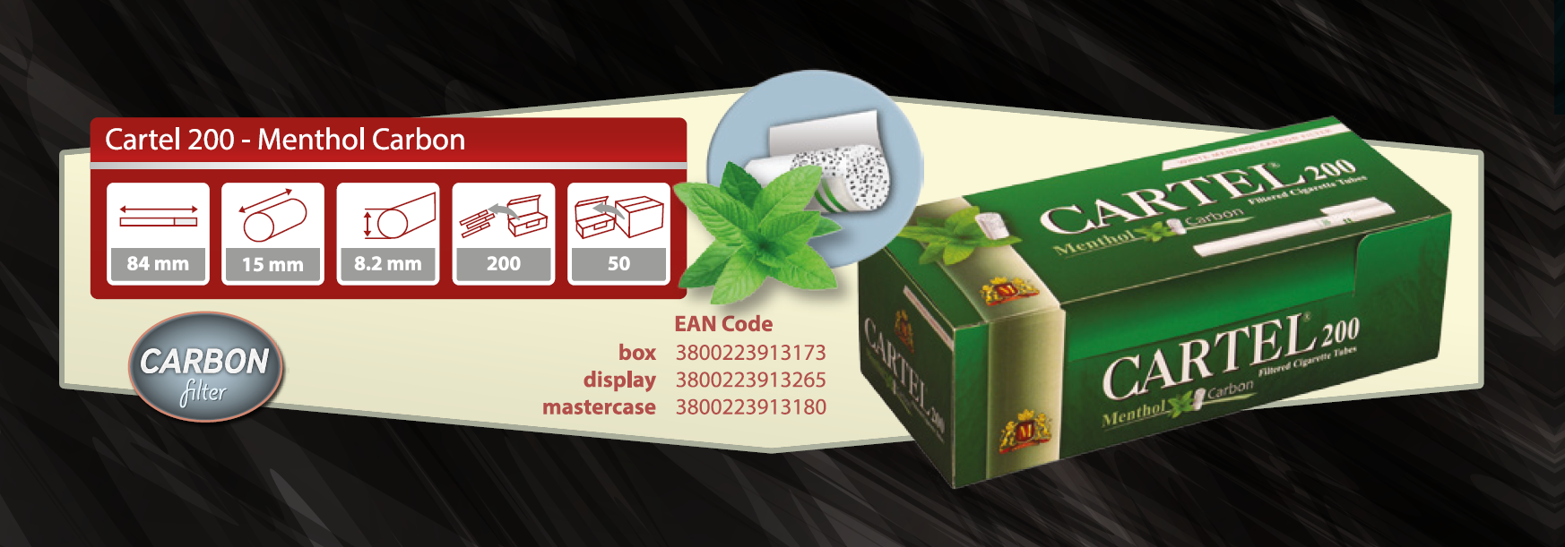 tobacco cartel inc Filtered tubes CARTEL 200 CARBON MENTHOL
