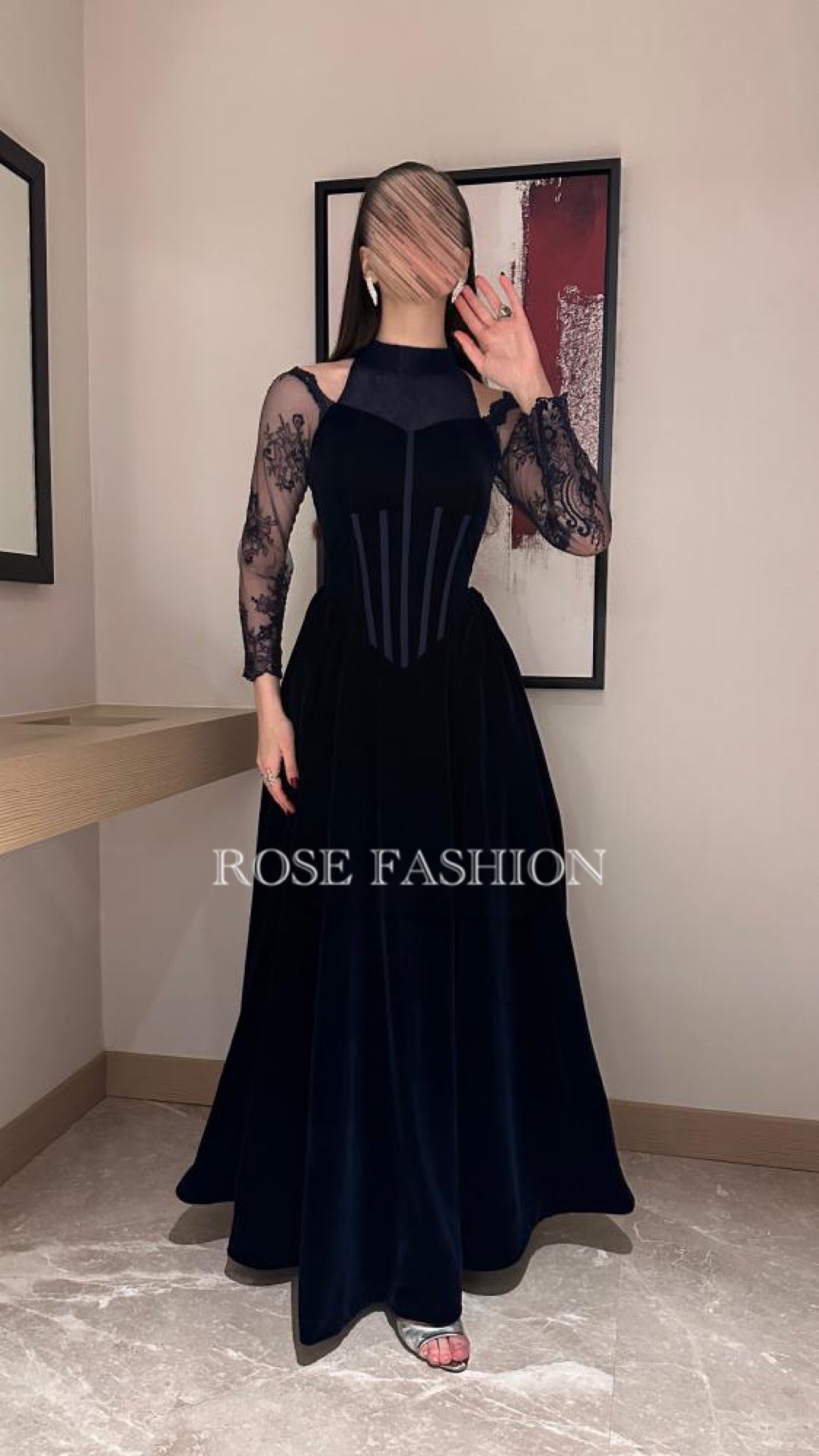   فستان سهرة كحلي كورسية باكمام دانتيل فاخرة - ROSE FASHION  