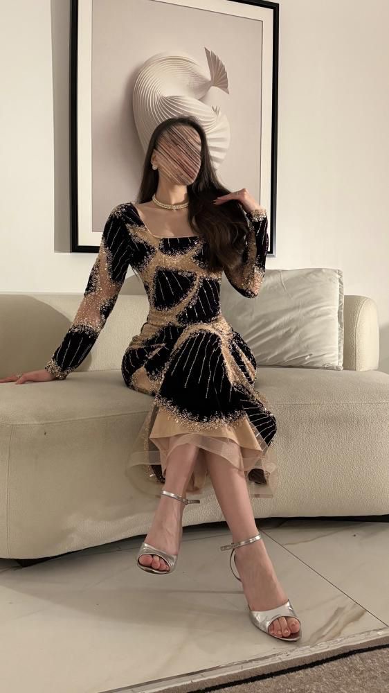  فستان سهرة أسود شامبين بتطريز هندسي لامع - ROSE FASHION  