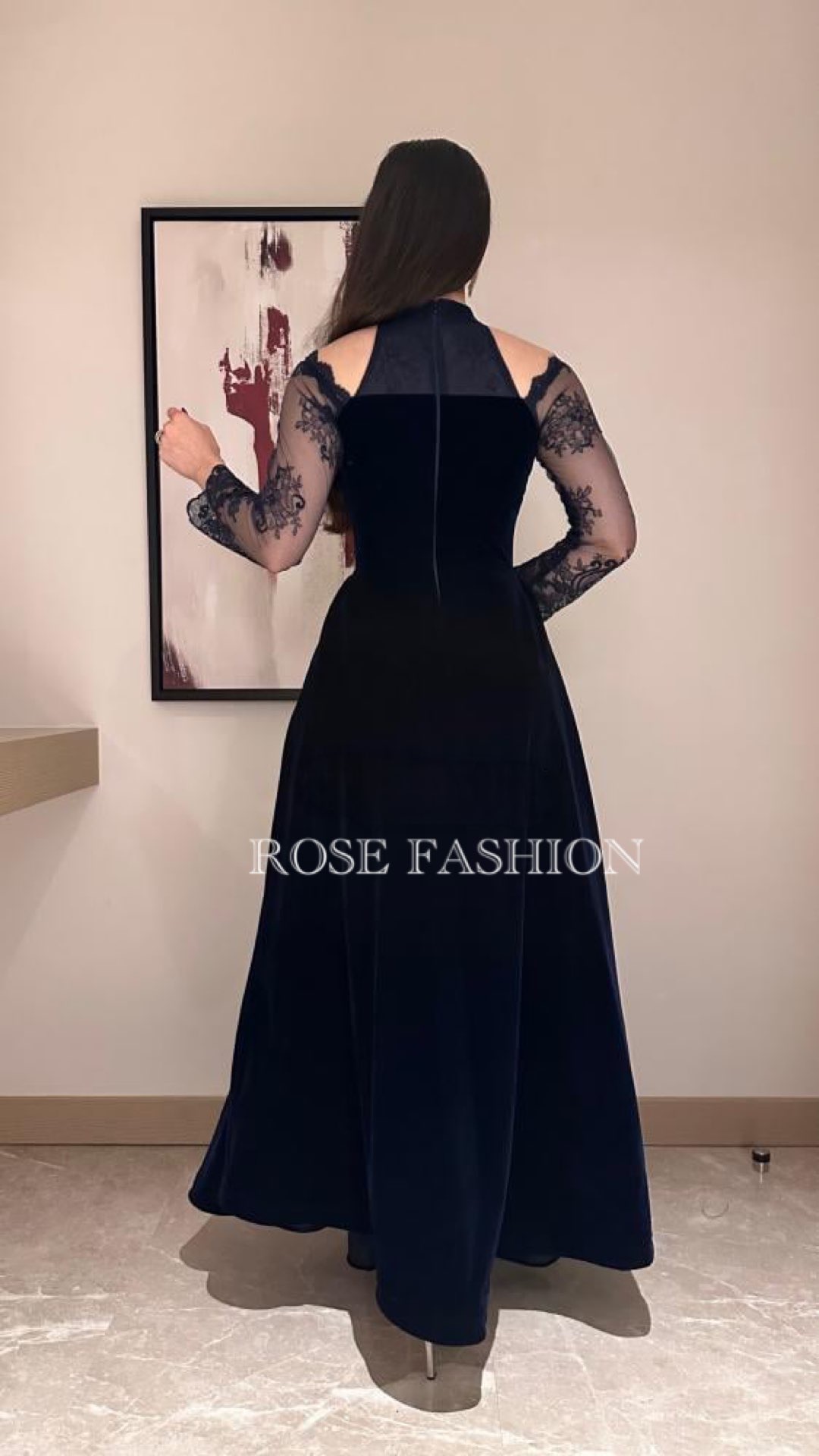   فستان سهرة كحلي كورسية باكمام دانتيل فاخرة - ROSE FASHION  