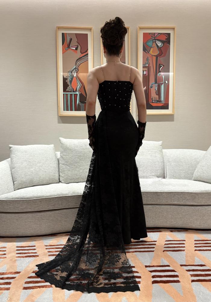  فستان سهرة اسود بشال جانبي -ROSE FASHION  