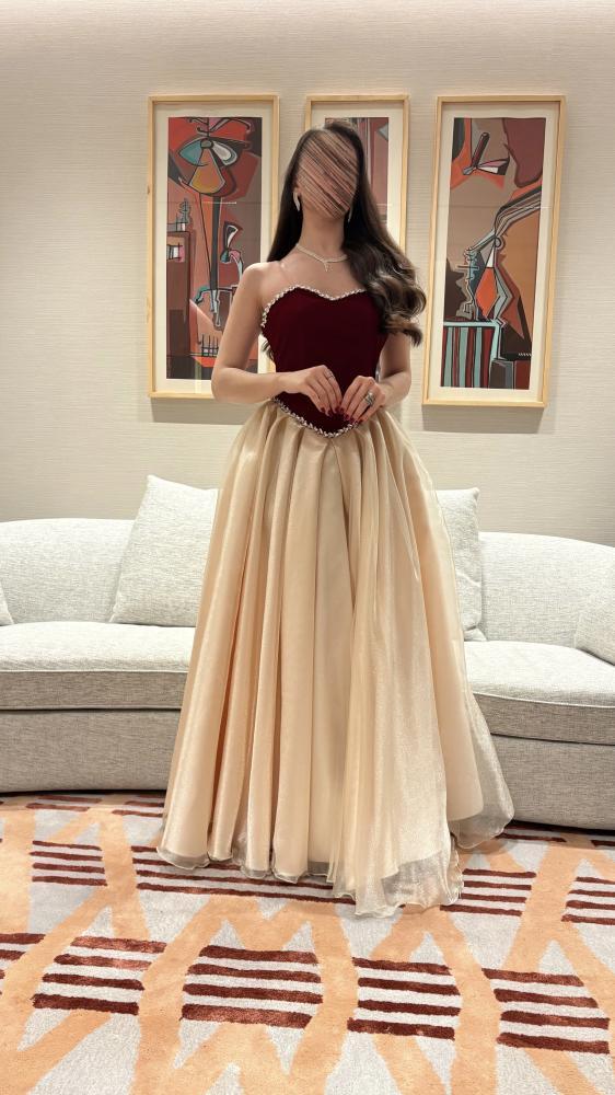  فستان سهرة خمري مع شامبين قطعة واحدة بتصميم ملكي - ROSE FASHION  