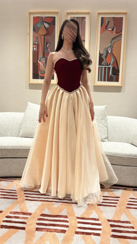  فستان سهرة خمري مع شامبين قطعة واحدة بتصميم ملكي - ROSE FASHION  