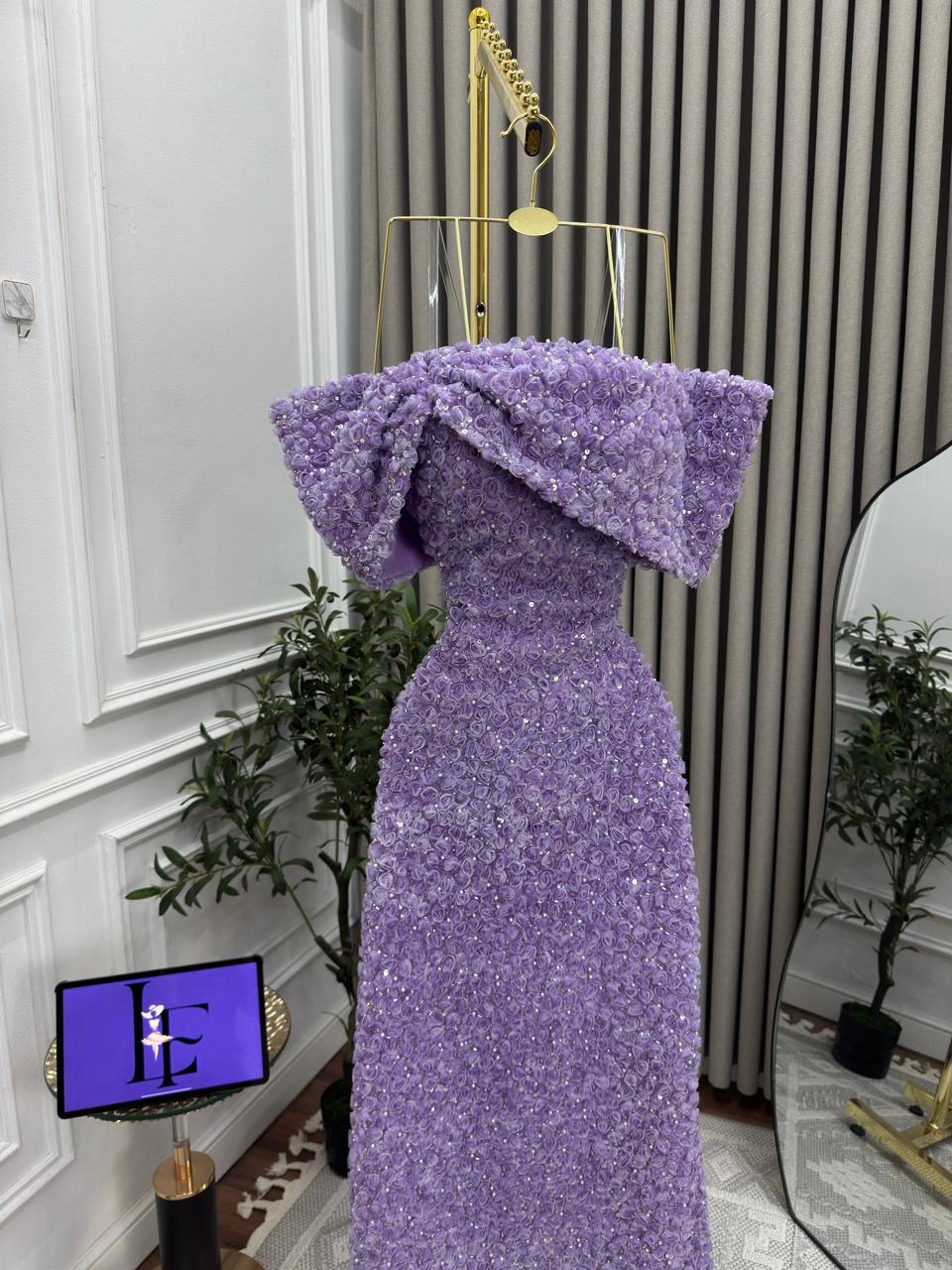  فستان سهرة موف بقصة فيونكة فاخرة -ROSE FASHION  