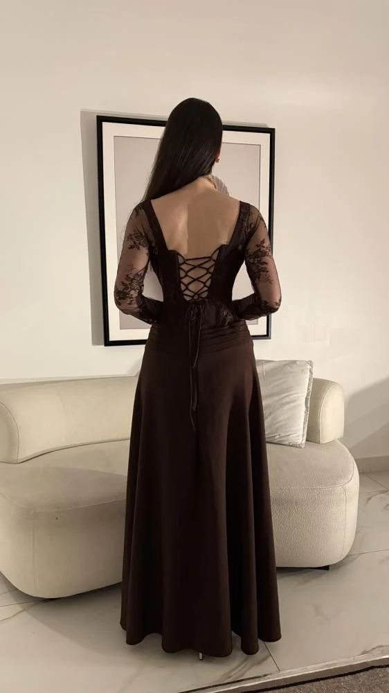  فستان سهرة بني دانتيل بأكمام طويلة كورسيه أنيق 