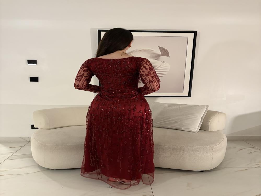  فستان سهرة خمري بتطريز كامل - ROSE FASHION  