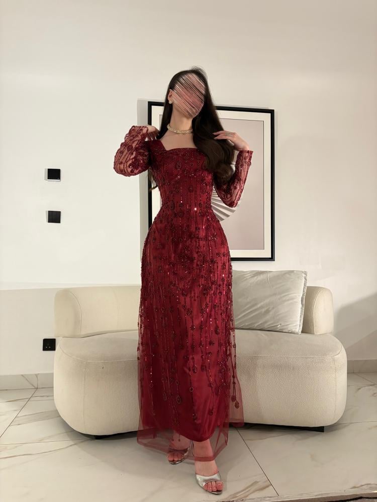  فستان سهرة خمري بتطريز كامل - ROSE FASHION  